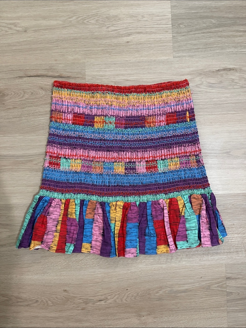 FARM Rio Rainbow Striped Smocked Mini Skirt with Ruffle